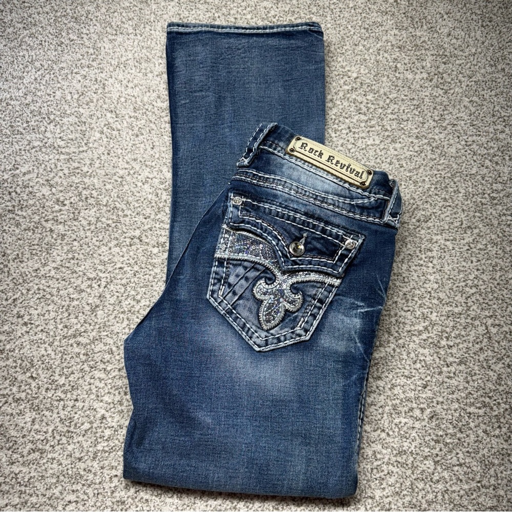 Women Rock‎ Revival Dark Wash Blue Embroidered Kiley Bootcut Jeans Size 28x29